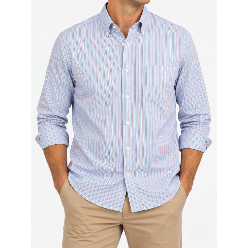 Tailorbyrd Mens Shirt M Blue Red Stripe Cotton Button Down Long Sleeve Gingham